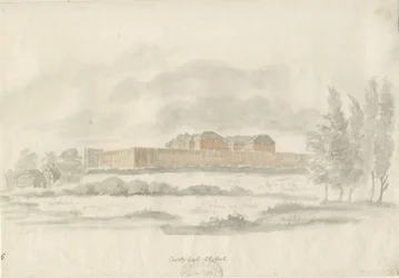 Stafford - Shire Hall: arkitektens bläckritning (tonad), nd [c 1798] (ritning)