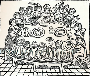 Canterbury-pilgrimerna sitter ner för en gemensam måltid, 1485