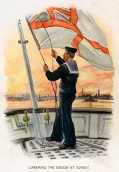 Sänkning av fänriken vid solnedgången, c1890-c1893.