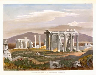 Utsikt över Erectheus- och Pandrosus-templen, Akropolis, från "Utvalda vyer av resterna av antika monument i Grekland", publicerad av Ackermann, London 1835