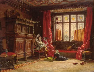 En kavaljer i ett mörklagt inre, en fågel på sitt svärd, 1843