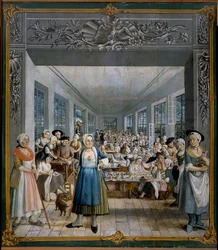 Wetter Brothers Indian Fabric Factory: Arbetarverkstadsmålning av Joseph Gabriel Rossetti (1700-talet). 1764 Orange, Musee Municipal - Tillverkning av indiskt tyg från Wetters bröder: den kvinnliga arbetarens verkstad. Målning av Joseph Gabriel Ross