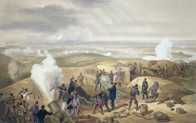 A Hot Day in the Batteries, tallrik från "The Seat of War in the East", pub. av Paul und Dominic Colnaghi und Co., 1856