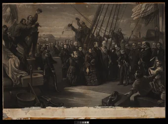 England och Amerika. Hennes Majestät Drottning Victorias besök på polarskeppet Resolute 16 december 1856, ca 1859 (gravyr, stipple, kartong)