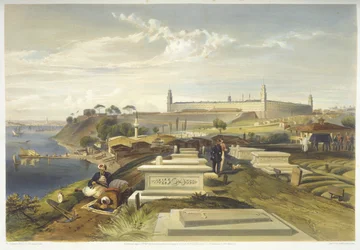 Sjukhus och kyrkogård, Scutari, tallrik från "The Seat of War in the East", pub. av Paul und Dominic Colnaghi und Co., 1856