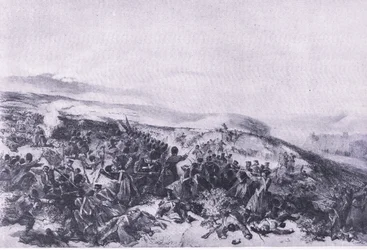 Andra laddningen av vakterna, när de återtog de två kanonbatterierna vid slaget vid Inkerman, illustration från brittiska striderna på land och hav, 1915