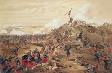 The Attack on the Malakoff, tallrik från "The Seat of War in the East", pub. av Paul und Dominic Colnaghi und Co., 1856