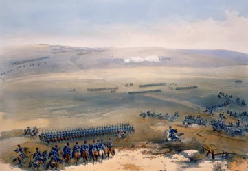 Kavalleriaffären på Bulganakhöjden: den första kanonen, platta från "The Seat of War in the East", utgiven av Paul und Dominic Colnaghi und Co. 1856.