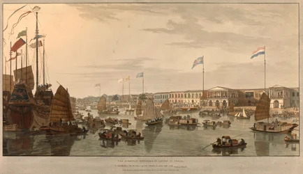 Europeiska handelsstationer (Ostindiska kompaniet) i Kanton, Kina. Tecknad och graverad av William Daniell (1769-1837) 1805