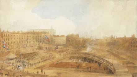 Prinsen av Wales lägger grundstenen till Theatre Royal, Covent Garden, 31 december 1808 (penna, penna & brunt bläck & akvarell förhöjda med inslag av kroppsfärg & med att skrapa ut)