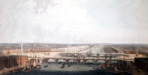 Utsikt över London med förbättringarna av dess hamn och den dubbla London Bridge. Inlämnad till underhusets valda kommitté av William Daniel (akvatint)