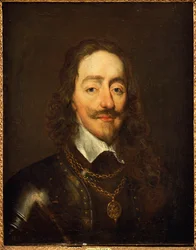 Porträtt av kung Charles I iklädd rustning och Collage av Strumpebandsorden