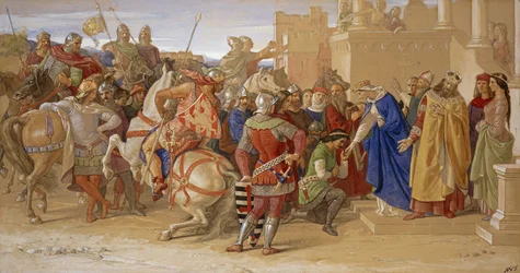 Riddarna av det runda bordet på väg att avgå i Quest of the Holy Grail, 1849
