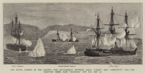 Sjöstriden i Stilla havet, förlovningen mellan HMS Shah och Amethyst och den peruanska rebellen Ram Huascar utanför Ilo, 29 maj