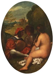 Pastoral Concert, efter Titian (olja på duk nedsatt på panel)
