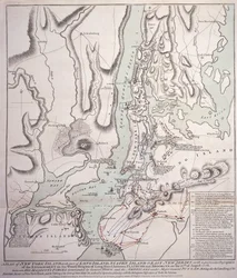 Plan av New York Island med en del av Long Island, Staten Island och East New Jersey och förlovningen på Woody Heights of Long Island mellan de brittiska styrkorna, under ledning av general Sir William Howe