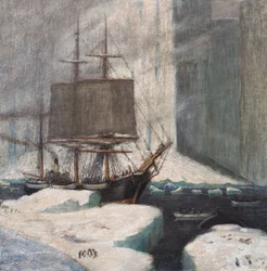 Valfångstfartyg förtöjt vid isen