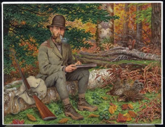 Självporträtt i jaktutrustning, ca 1875 (olja & grafit på papper på laminerad träfiberskiva)