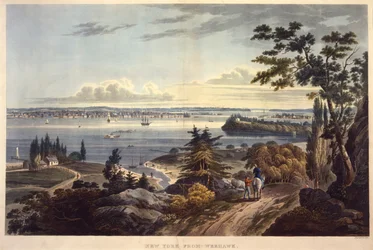 New York från Weehawk [Weehawken], graverad av John Hill, odaterad (akvatint)