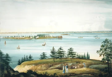 The Bay of New York och Governors Island Tagen från Brooklyn Heights, 1820-25.