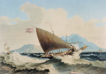 Utsikt över ön Lipari och en maltesisk Speronare