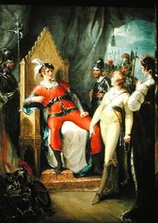 Edward Prince of Wales och hans mor drottning Margaret (1430-82) ställdes inför kung Edward IV (1442-83) efter slaget vid Tewkesbury (olja på duk)