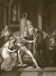 Edwy och Elgiva, graverad av Isaac Taylor, illustration från David Humes "The History of England", pub. av R. Bowyer, London, 1812