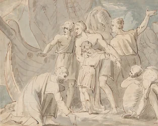 Historiskt ämne med män och en pojke nära ett skepp recto..., 1770-80.