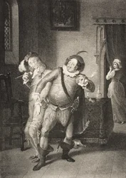 Olivias hus, akt II, scen III, från "Twelfth Night, Or What You Will", från The Boydell Shakespeare Gallery, publicerad i slutet av 1800-talet.