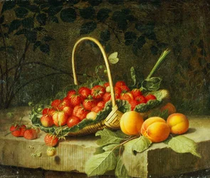 En korg med jordgubbar med persikor på en stenavsats, 1856