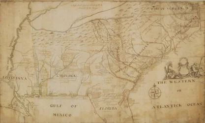 Karta över den sydöstra delen av Nordamerika, 1721 (penna och bläck och tvätt på papper)
