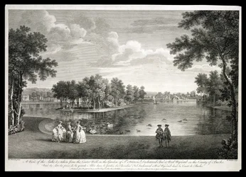 Utsikt över sjön från Centre Walk i trädgården vid West Wycombe, Buckinghamshire, graverad av William Woollett (1735-85)