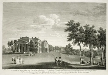 Utsikt över huset och en del av trädgården i West Wycombe, Buckinghamshire, graverad av William Woollett (1735-85)