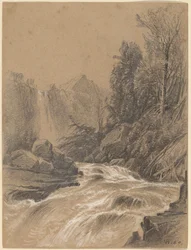 Bergslandskap, bäck och vattenfall