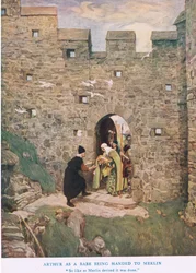 Arthur som brud överlämnas till Merlin, illustration från 