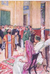 Paul före Agrippa, från The Bible Story publicerad av Hodder & Stoughton, c.1930 (färg litho)