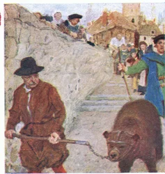 Shakespeare tittar på en björn på väg till björnträdgården vid Bankside, från My Magazine, pub.1922