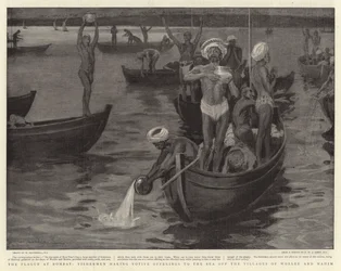 Pesten i Bombay, fiskare som ger votivgåvor till havet utanför byarna Worlee och Mahim.