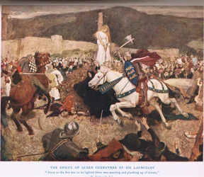 Sir Lancelots räddning av drottning Guinevere, illustration ur "Kung Arthur"