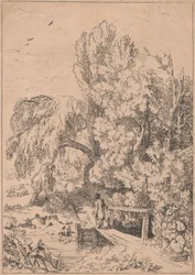 Landskap med träd, flickor som korsar spången