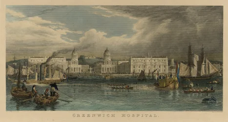 Kungligt besök på Greenwich Hospital (England), med ett segelfartyg, en ångbåt, passagerarpråmar, roddbåtar på Themsen