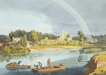 Staines kyrka med stadssten på stranden av floden, graverad av Robert Havell den yngre (1793-1878) publicerad 1818 (akvatint)