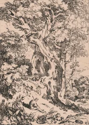 Studie av träd och buskar med sittande mansfigur