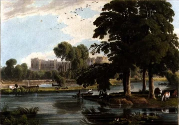 Utsikt över Windsor Castle från lekplatserna vid Eton College, graverad av Robert Havell (1769-1832) 1814 (färggravyr)