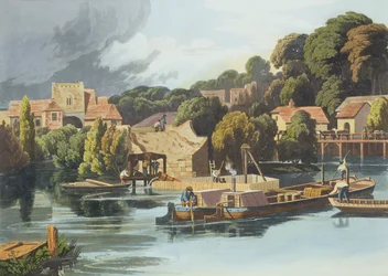 Wallingford Castle 1810 under broreparationer, graverat av Robert Havell den yngre (1793-1878), publicerat 1818 (akvatint).