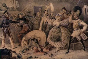 A Brawl in an Inn, ca 1830 (akvarell över penna förhöjd med gouache på papper)