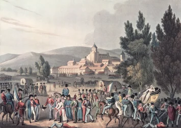 Slaget vid Vittoria, 1813, Bringing in the Prisoners, etsat av I. Clarke, aquatinted av M. DuBourg (akvatint)