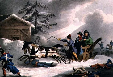 Bonapartes flygning förklädd till greve Vicenza från Ryssland, publicerad 1 mars 1814 av William Heath (akvatint)