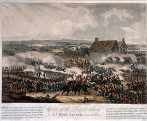 Den brittiska arméns centrum vid La Haye Sainte under slaget vid Waterloo, etsat av Thomas Sutherland, 1816 (färgad akvatint)