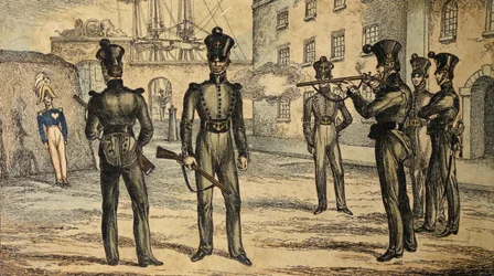 Marinskytte vid övning med oscillerande figur, ca 1835 (handfärgad etsning)